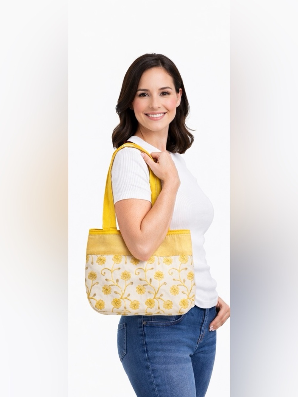 Yellow & Gold Embroidered Mini Tote Bag Floral Handbag
